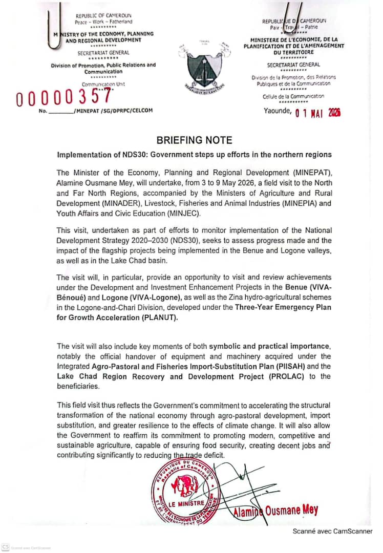 Le #MINEPAT, Alamine OUSMANE MEY, entame ce jour une mission interministérielle dans les Régions du Nord et de l’Extrême-Nord, accompagné du #MINADER #MINEPIA #MINJEC.
Objectif: apprécier l’impact des projets structurants dans les zones à fort potentiel productif. 
#SND30 #PIISAH