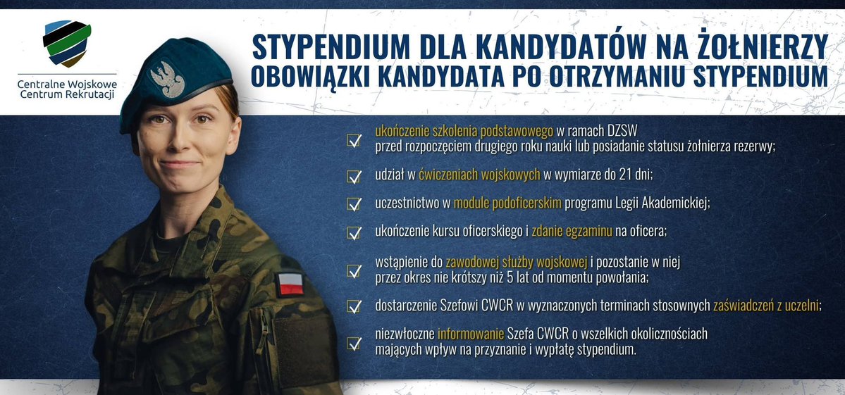 WCRSiedlce's tweet image. #MON proponuje program stypendialny dla studentów.

👉 Stypendium wynosi 50% podstawowego uposażenia żołnierza dobrowolnej zasadniczej służby wojskowej (wg stawek z dnia podpisania umowy).

Jak dołączyć?
📝 Złóż wniosek do Szefa #CWCR przez Szefa #WCR.