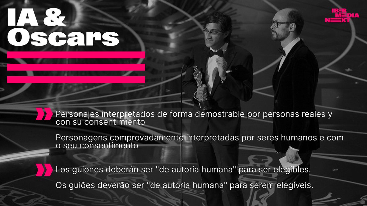 IbermediaNext's tweet image. .@TheAcademy acaba de publicar las nuevas reglas para los #Oscars. Cambios sobre #IA: 

En interpretación, solo podrán optar personajes "interpretados de forma demostrable por personas reales y con su consentimiento." 

En  guion, deberán ser "de autoría humana".
