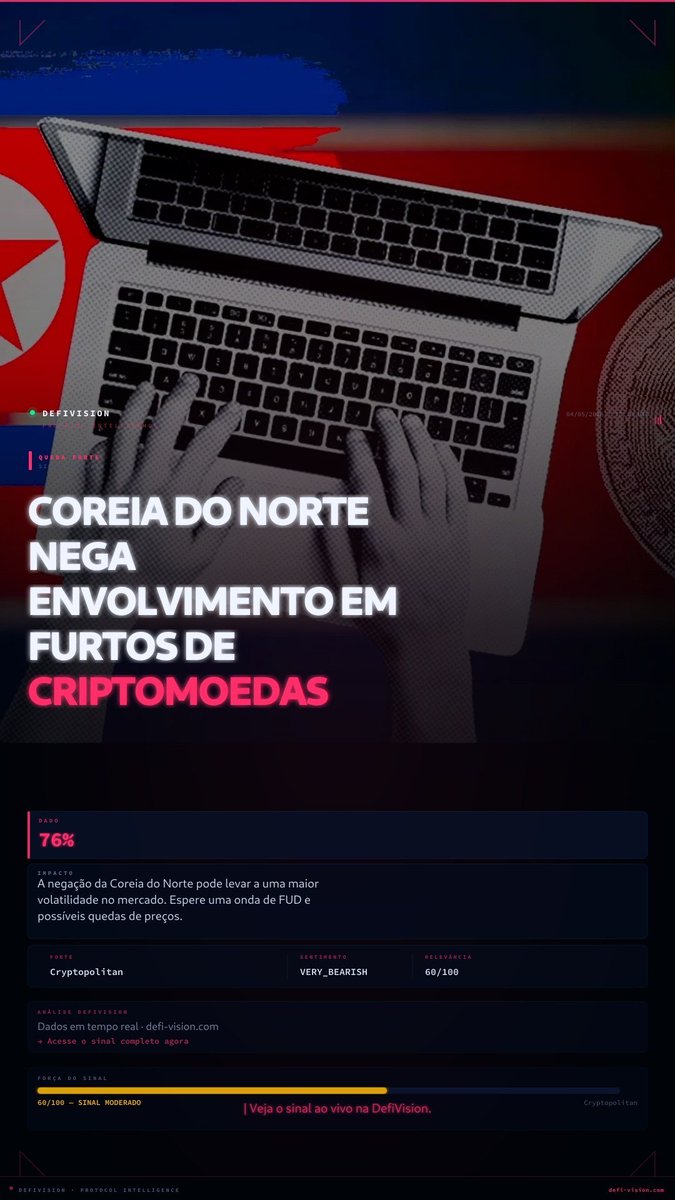 DefiVision's tweet photo. 🔴 COREIA DO NORTE NEGA ENVOLVIMENTO EM FURTOS DE CRIPTOMOEDAS

🔍 O dado: 76% — e isso muda tudo.

📊 A negação da Coreia do Norte pode levar a uma maior volatilidade no mercado. Espere uma onda de FUD e possíveis quedas de preços.

💡 A medida que o mercado processa essa informação, os dados ao vivo da DefiVision já mostram o movimento antes de todo mundo.

🚨 Atenção máxima. Dados de liquidação aumentando — acompanhe ao vivo.

🌐 Análise completa + níveis → https://t.co/6sMcCsbBDk

#Cripto #SinalDeBaixa #BreakingCripto #CriptoBrasil