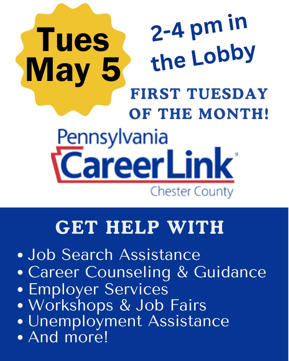 HankinLibrary's tweet image. Pennsylvania CareerLink of Chester County will be in the library on Tuesday, May 5 from 2 - 4 pm. Get help with job searches, career counseling, employer services, workshops and job fairs, unemployment assistance and more!

#HankinLibrary #careers #jobsearch #careercounseling