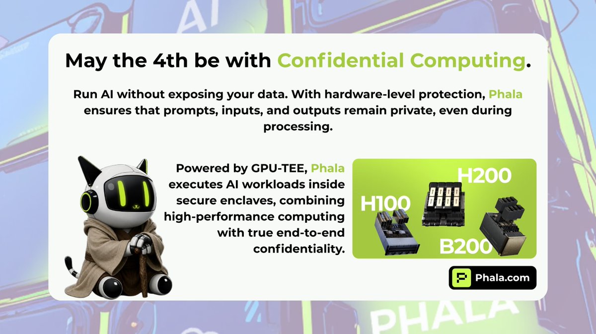 Gu_bner's tweet photo. May the 4th be with privacy and security. ⚔️

Don’t fall to the dark side of data exposure.

With @PhalaNetwork, you can run AI models and workloads without compromising sensitive data. Prompts, inputs, and outputs stay protected by default, no leaks, no blind trust.

Powered by GPU-TEE technology, Phala enables AI execution inside secure enclaves, ensuring your data remains encrypted even during computation. Choose from high-performance GPUs while keeping everything within a trusted execution environment.

The Force is strong with confidential computing.

Join the Fight: https://t.co/2NcUW292o3