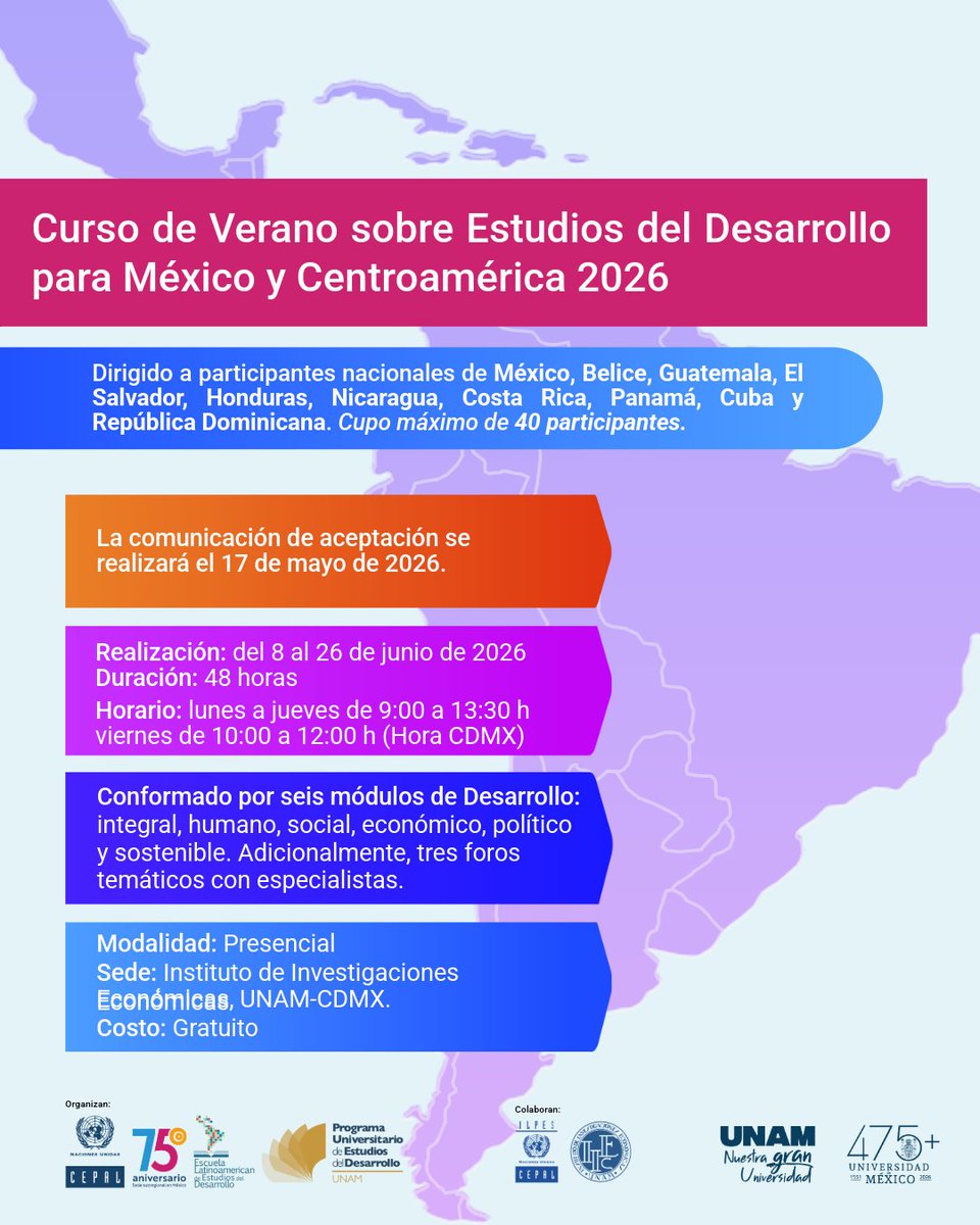 📢 ¿Ya te inscribiste? ⌛️¡Hay plazo hasta el 10 de mayo de 2026!
🏫ELADES/CEPAL y <a href="/PUEDUNAM/">PUED-UNAM</a> <a href="/UNAM_MX/">UNAM</a> invitan a jóvenes investigadores/as a postular al Curso de Verano sobre Estudios del Desarrollo para #México y #Centroamérica. 
✍️ Formulario de registro 👉bit.ly/4t5JTBz