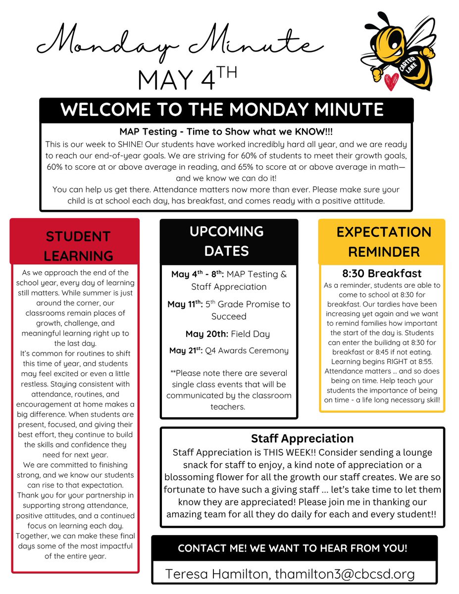CLMightyJackets's tweet photo. Welcome to another Monday Minute!! It's Staff Appreciation Week AND we get to show what we know on MAP testing!! Let's have a wonderful week together!! https://t.co/R3iGEQXcwV