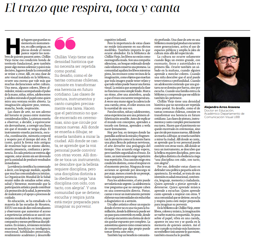 ubbchile's tweet photo. #UBBenPrensa El trazo que respira, toca y canta. Columna de opinión del académico del Departamento de Comunicación Visual UBB, Dr. Alejandro Arros Aravena.
https://t.co/RZu92DESKF https://t.co/gkHIMDjBh5