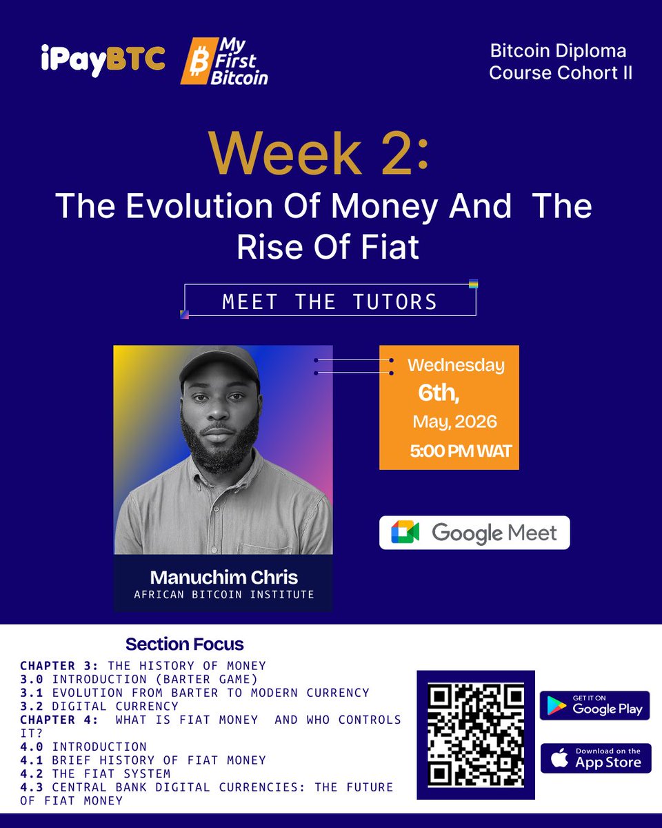 BitcoinOnCampus's tweet photo. Week 2 of iPayBTC Bitcoin Diploma Course is here
Dive into The Evolution of Money &amp; The Rise of Fiat

From barter systems to digital currency understand how money really works.

Don’t miss it. 
#BitcoinEducation #FinancialLiteracy #MyFirstBitcoin https://t.co/bAKYiWhcC8