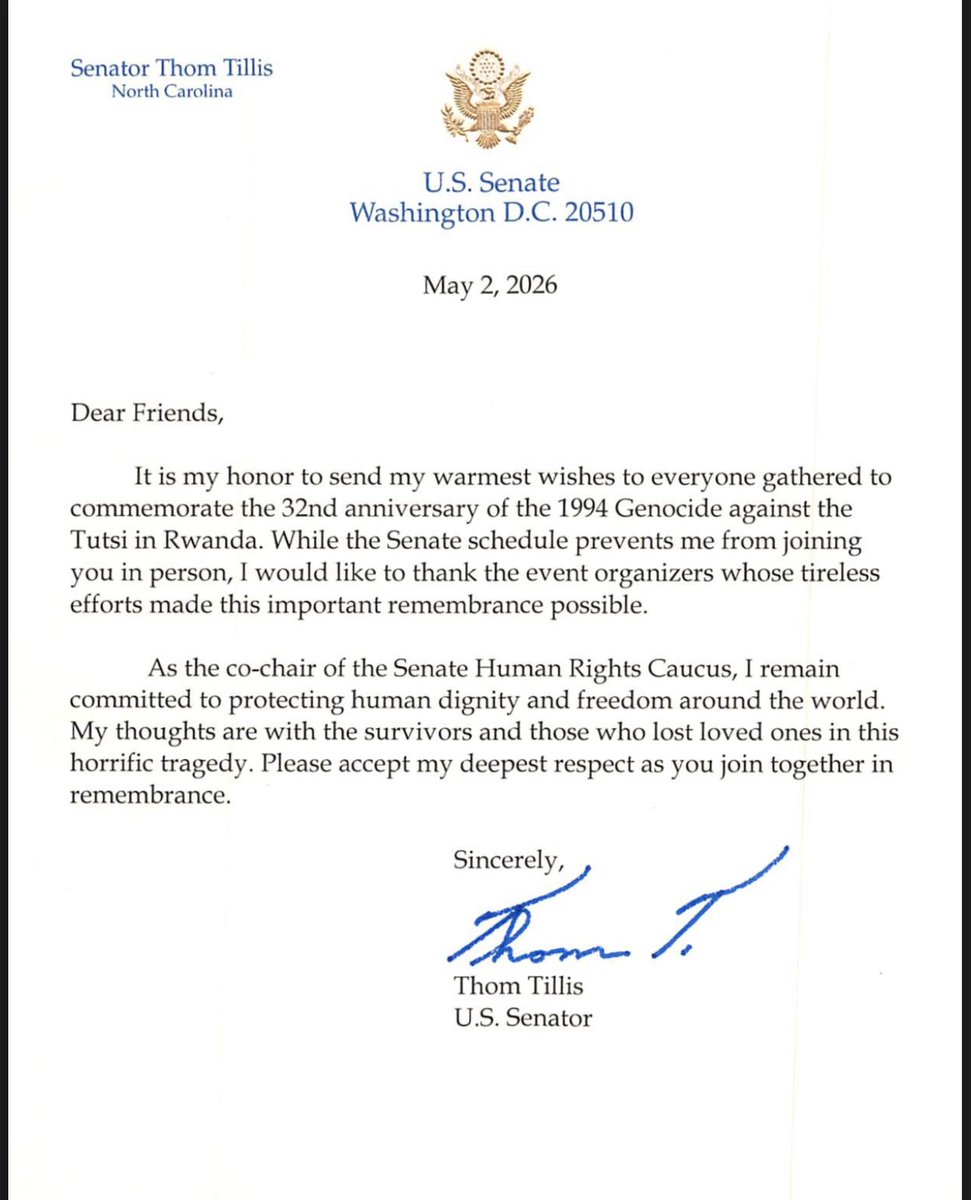 AmbMukantabana's tweet image. Deepest appreciation @SenThomTillis , for your thoughtful wishes and support for the #Rwanda-n community in North Carolina  as they  commemorated the 1994 Genocide against the Tutsi #Kwibuka32
Never Again!