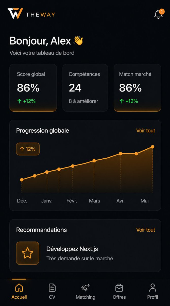 Amine_Elkartite's tweet image. TheWay mobile terminée.

Une app pour connecter les talents aux meilleures opportunités grâce au matching de compétences, l’analyse CV et les recommandations.

Dashboard, CV, Matching, Offres, Profil…
Expérience moderne et pro.
#TheWay #MobileApp #UIDesign