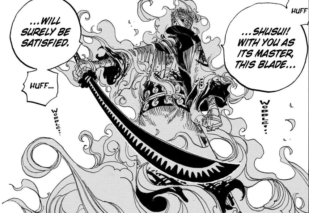 seanynr's tweet photo. Hello Oda-san,

I have a question regarding Aramaki’s sword. In the manga, it appears black and reminds me of a Black Blade. Is it actually one?

So far, we only know of Shusui and Yoru, and both swords received significant focus when they were revealed. However, in Aramaki’s case, the sword hasn’t been used at all and hasn’t received any attention.

Does he actually fight with it, or is it just a stylistic choice? Also, could you reveal its name and rank? @SReminal