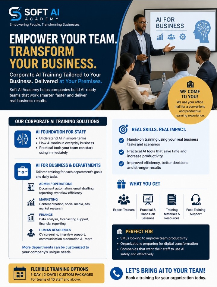 softai4africa's tweet image. TRAIN YOUR STAFF to use AI: INCREASE PRODUCTIVITY AND GROWTH

Soft AI Academy now trains company staff directly at your office 

✅Practical AI skills
✅Real business use
✅Tailored to each department

Work smarter 
 +234-90-7822-0344
softai@softai.com.ng
#AIinAfrica #Corporate
