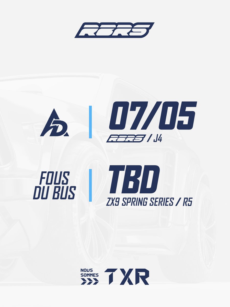 TeamTXR_'s tweet photo. • Jeudi c'est J4 des RBRS 🆚 Ascend E-sport
Choc décisif dans la course aux playoffs, match à suivre en direct de notre twitch &amp; BSKTV

• (Cette semaine) R5 des ZX9 Springs Series 26 face aux Fous Du Bus, pour écrire l'histoire de ce tournoi 🏆

#rocketleague #esport #txr https://t.co/mbqOIHkIyL
