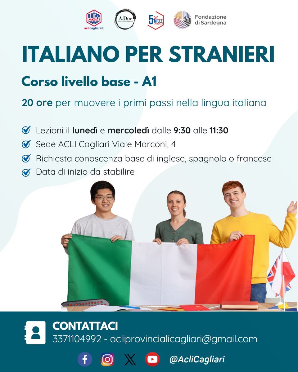 AcliCagliari's tweet photo. Ancora posti disponibili per il corso base di italiano per stranieri https://t.co/KuTB3biDaa