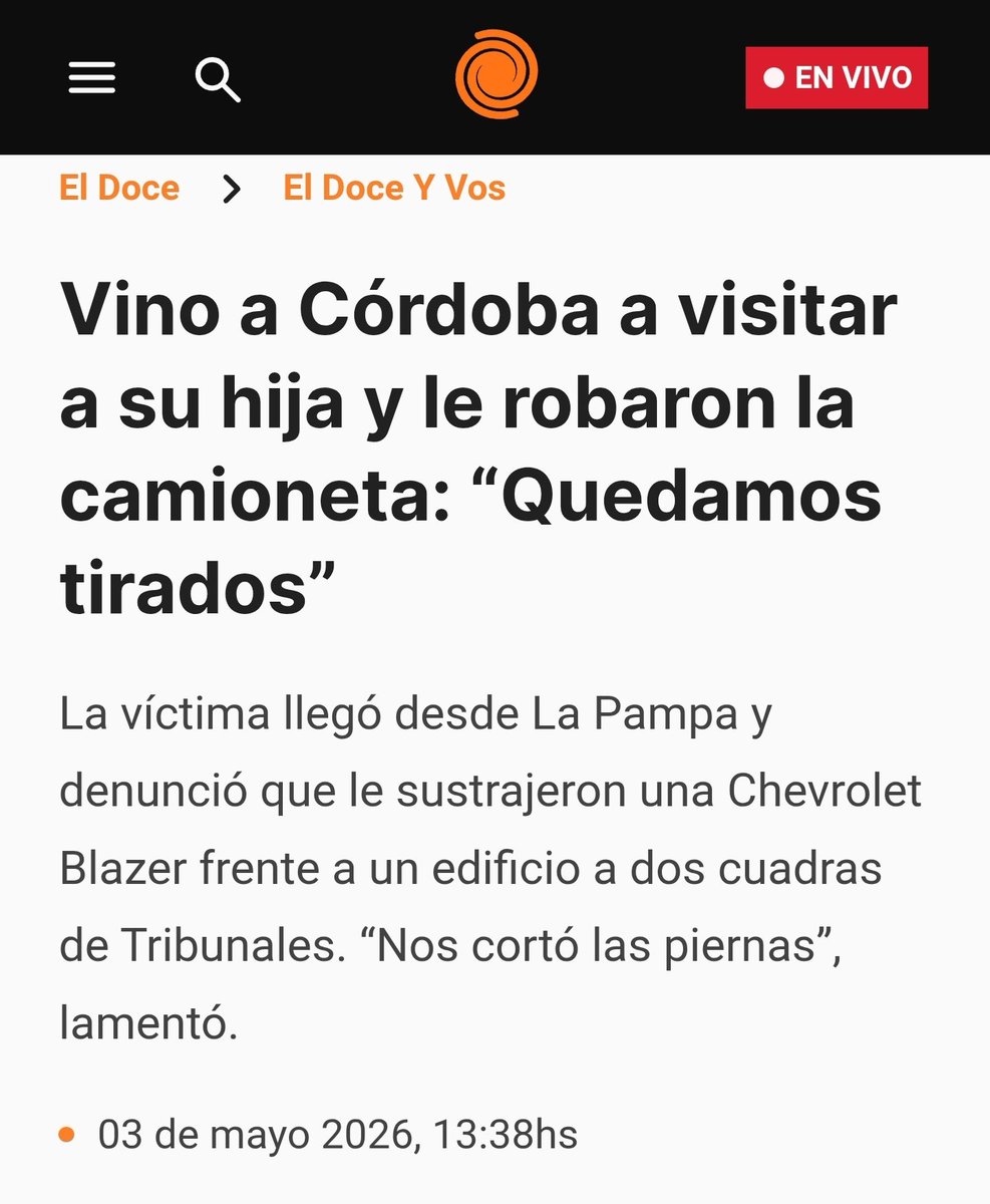 NancyAlmada's tweet image. Vergonzoso. Inaceptable. Un papá de La Pampa vino a Córdoba a visitar a su hija que estudia acá y le robaron la camioneta a tan solo 2 cuadras de Tribunales, en barrio Observatorio.
Quedaron tirados, sin vehículo ni herramienta de trabajo.
Ya no se puede ni visitar tranquilos a
