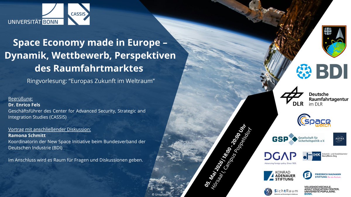 CASSIS_Bonn's tweet photo. 🗓️05.05. | 18:00-20:00 Uhr | Hörsaal 1, Campus Poppelsdorf Veranstaltung „Space Economy made in Europe – Dynamik, Wettbewerb, Perspektiven des Raumfahrtmarktes“ mit Ramona Schmitt (@Der_BDI)
zur Zukunft der privaten europäischen Raumfahrtindustrie. Infos: https://t.co/fu6wvyVRd1 https://t.co/D1rqMktfrX