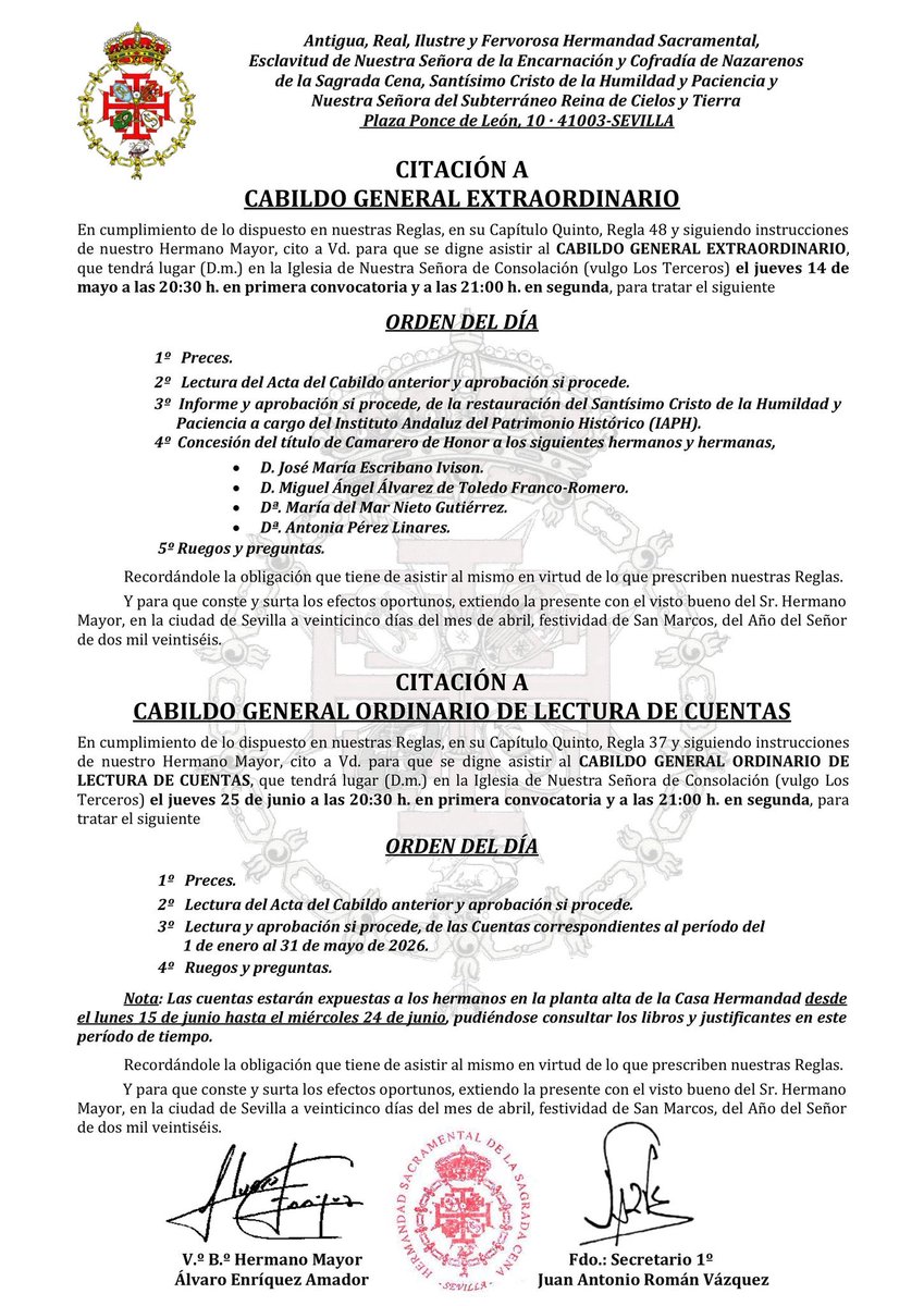 Cabildo en <a href="/LaCenaSevilla/">Hermandad de la Sagrada Cena</a> en 14 de mayo para abordar la restauración del Cristo de la Humildad y Paciencia por parte del <a href="/IAPHpatrimonio/">IAPH</a>