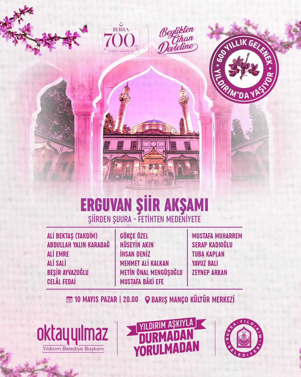 oktayyilmaz16's tweet photo. 600 yıllık gelenek, Yıldırım'da yaşıyor. 🌸

​Emir Sultan Hazretleri’nin manevi mirası, erguvanların zarafetiyle yeniden hayat buluyor. Tüm hemşehrilerimizi 8-9-10 Mayıs tarihlerinde Erguvan Bayramı etkinliklerimize bekliyoruz.

Açılış Programı ⬇️

🗓️ 8 Mayıs Cuma
🕐 13.00
📍Emir Sultan Meydanı