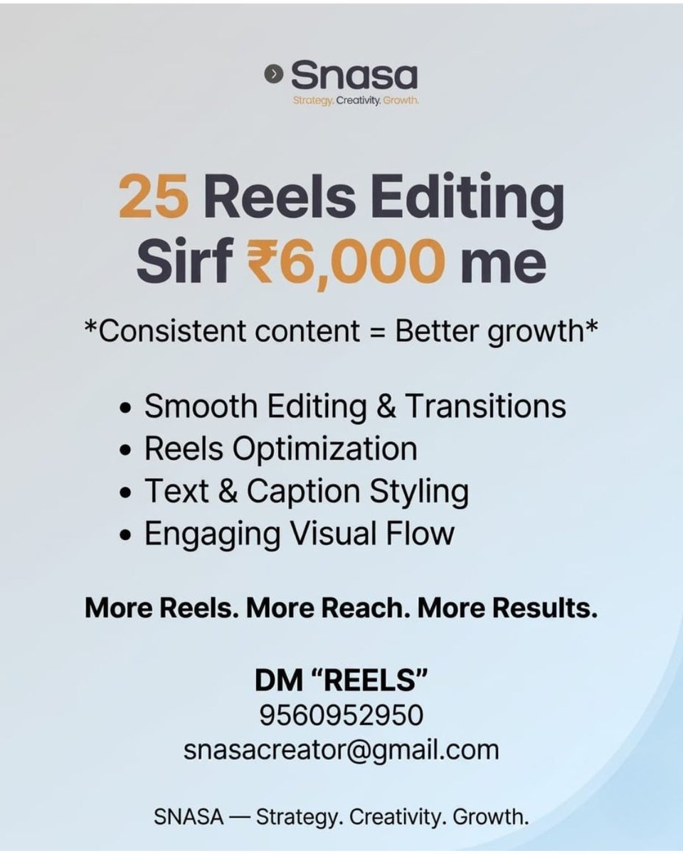 SnasaAgency's tweet image. Consistency is the key to growth. 🚀
But editing takes time…
that’s where we help.
25 reels professionally edited
at just ₹6,000.
📩 DM REELS
#Snasa #ReelsEditing #ContentCreation #InstagramGrowth #VideoEditing #GrowWithSnasa