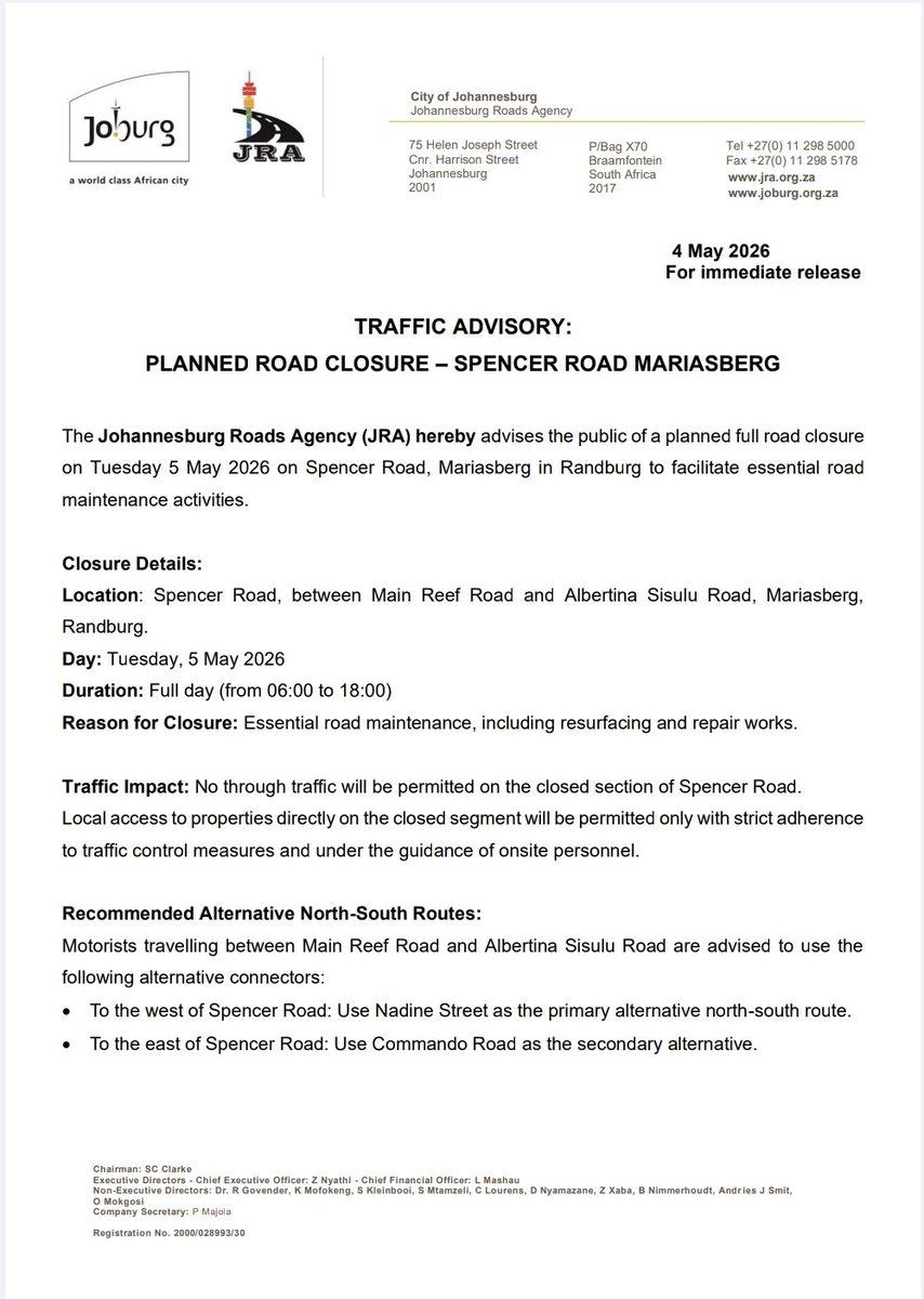 Joburg Roads Agency tweet media