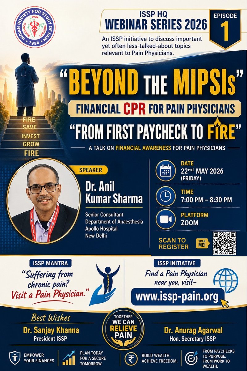 issp_pain's tweet photo. Join ISSP HQ Webinar Series 2026 – Episode 1
and explore “Beyond the MIPS: Financial CPR for Pain Physicians”

💡 From your first paycheck to achieving FIRE,
learn how to build a secure and financially independent 

📲Click on Link to register- https://t.co/KYSofyz9Mg https://t.co/BNWhsZW2FE