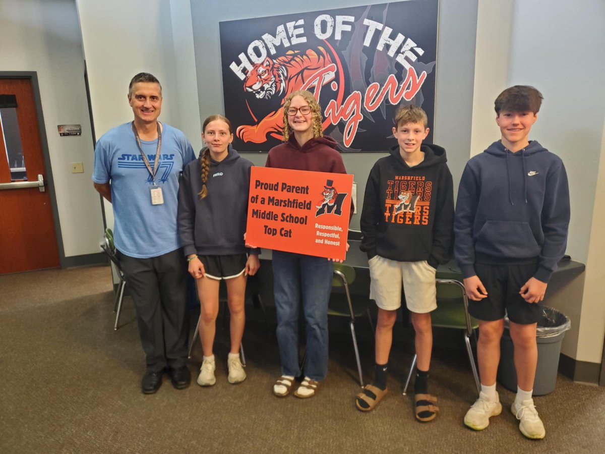 MfldMSTigers's tweet photo. Congratulations to our outstanding MMS Top Cats for the month of May!  These four students exemplify what it means to be responsible, respectful, and honest.  Keep up the great work and continue to be role models for your peers!  #RollTigers https://t.co/AEwBdzWZE6