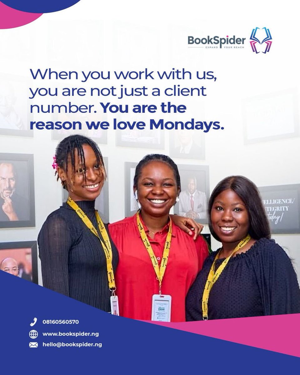 bookspiderng's tweet image. Working with us isn’t just to be a part of the number, but the reason we love showing up, even on Mondays.

So, what would you have us do for you today?

#bookspider #storyteller #editors #publishingcompany