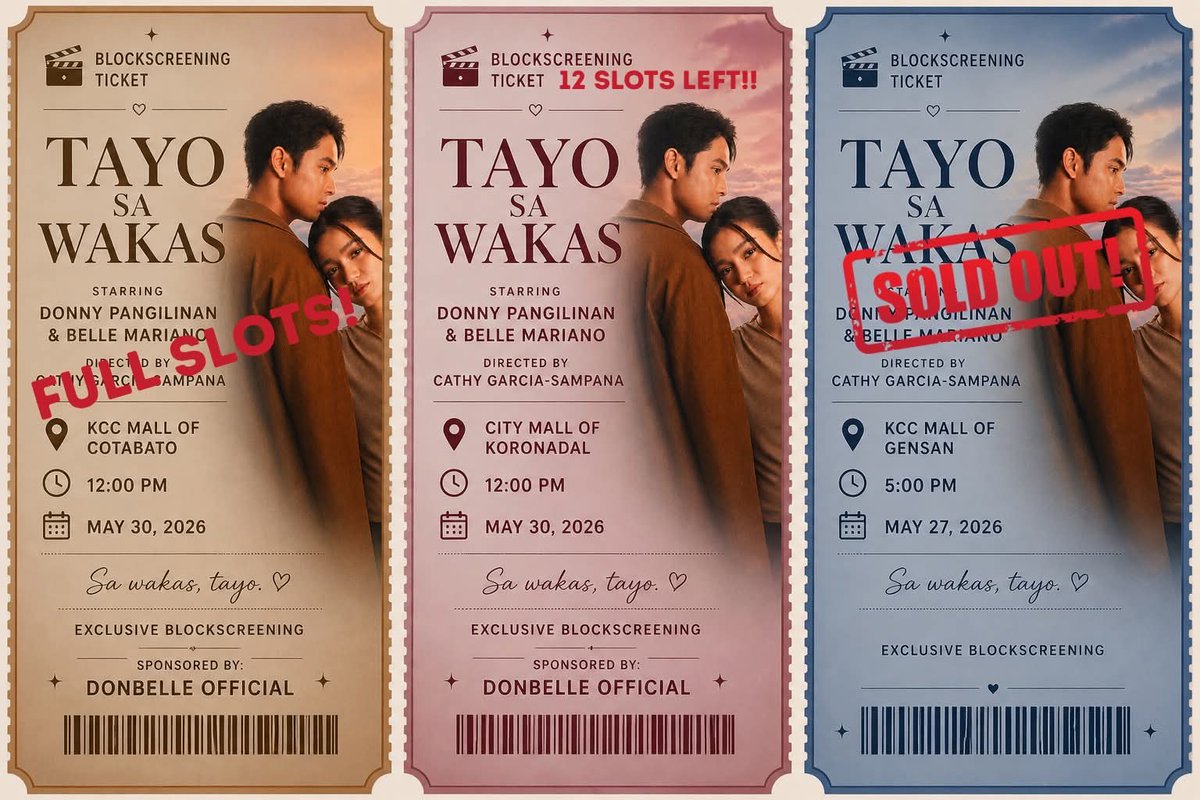 We’re so happy to share that our Tayo Sa Wakas block screening in Cotabato has already reached full slots, Gensan is officially sold out (!!), and we only have 12 slots left for Koronadal 👀🎟️ don’t miss out!!!

#DonBelle #TayoSaWakas #BelleMariano #DonnyPangilinan