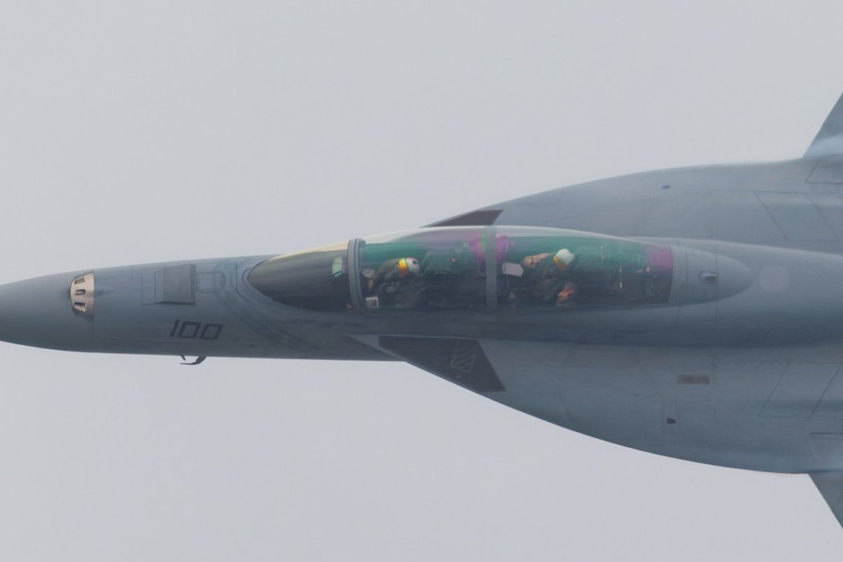bin2r's tweet photo. 岩国基地フレンドシップデー2026
F/A-18F デモ
後席さん随所にWピース✌️✌️
① フォトパス（とDJが言ってた）の時
② アレスティングフック出しながらのスローパスの時
③ Touch &amp;Go で再び上がる時
④ デモ終了後のファンサ。

#岩国基地フレンドシップデー
#FA18F
#VMF102
#ダイヤモンドバックス https://t.co/fkkom0LBbz