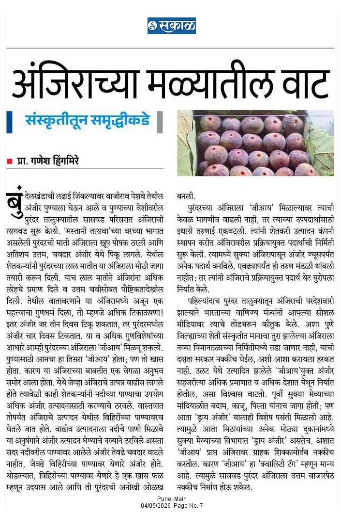 Ganeshhingmire's tweet photo. The 13th article in my series “From Culture to Prosperity” is published today in Sakal. It highlights one of my GIs Saswad–Purandar fig, with historical notes on Peshwa Bajirao bringing figs from Bundelkhand that thrived in Purandar’s soil @CMOMaharashtra
@narendramodi @PMOIndia https://t.co/uDztPcuVxm