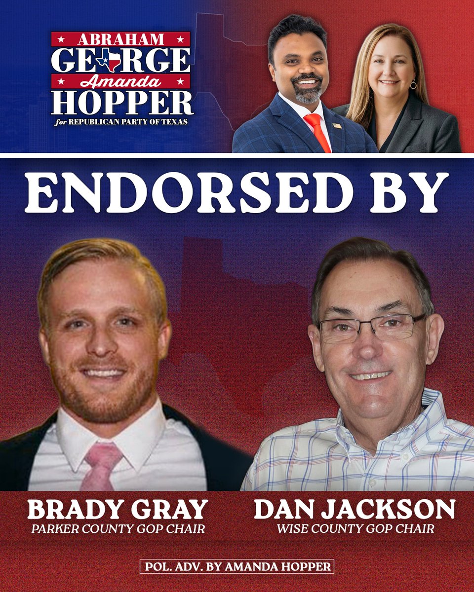 Abraham and I are honored to have the endorsements of two of the most conservative County Chairs in the state.

We are looking forward to continuing the fight alongside these Grassroots Patriots to KEEP TEXAS RED!