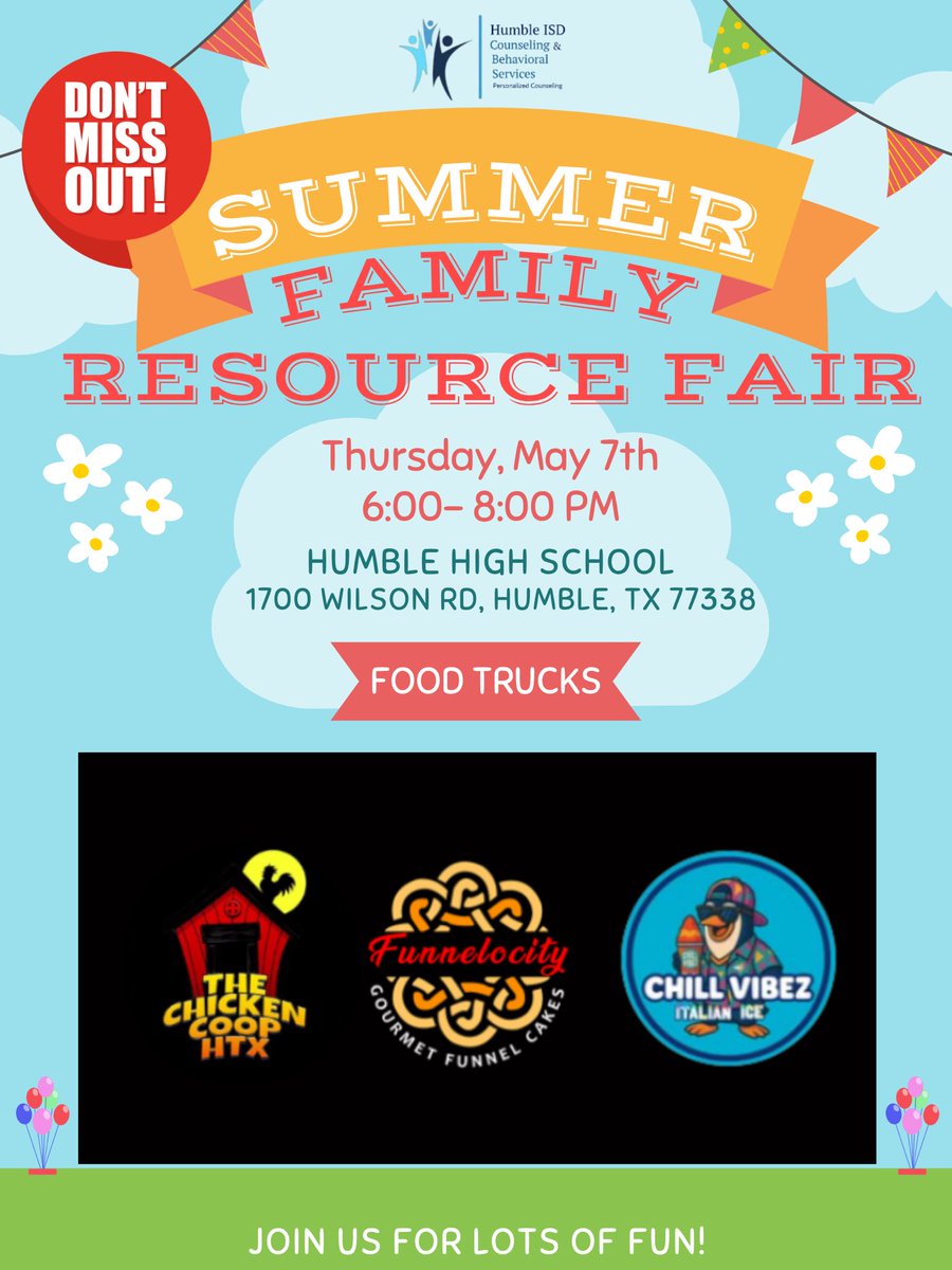 HumbleISD_CBS's tweet image. 🎉Food trucks + family fun 
Join us this week for the Humble ISD Summer Family Resource Fair
May 7 | 6–8 PM Humble High School Free entry
More info: sites.google.com/humbleisd.net/…
#HumbleISD #FamilyFun