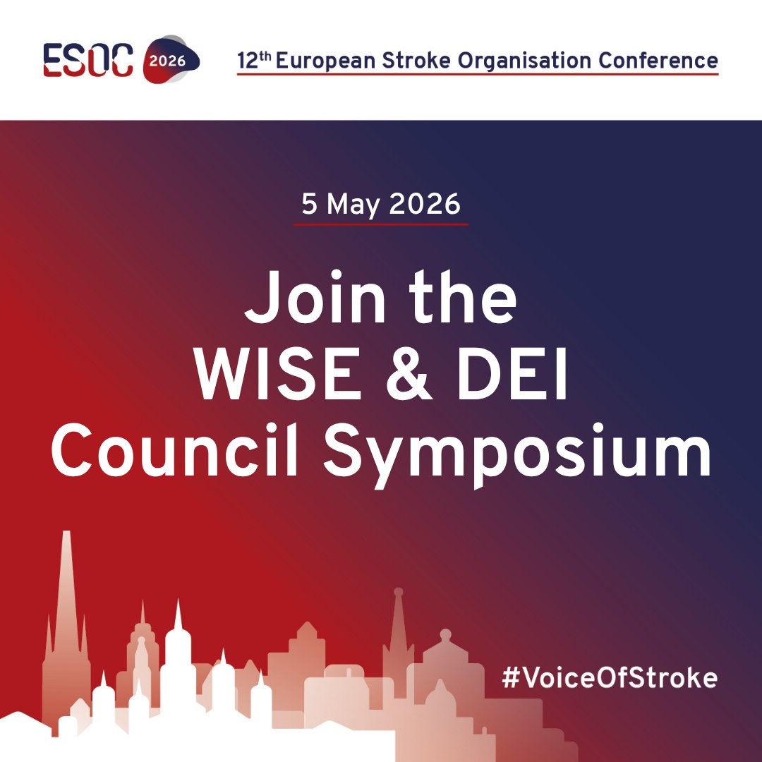 ESOstroke's tweet image. Join the Women Initiative for Stroke in Europe (#WISE) &amp;amp; the #DEI Council on 5 May, 18:30 CEST, for a symposium&amp;amp;networking event at #ESOC2026. Connect, exchange perspectives &amp;amp; address key inequities in #stroke. Register: ow.ly/MsCL50YUrR8

Programme: ow.ly/KZfe50YUrR9