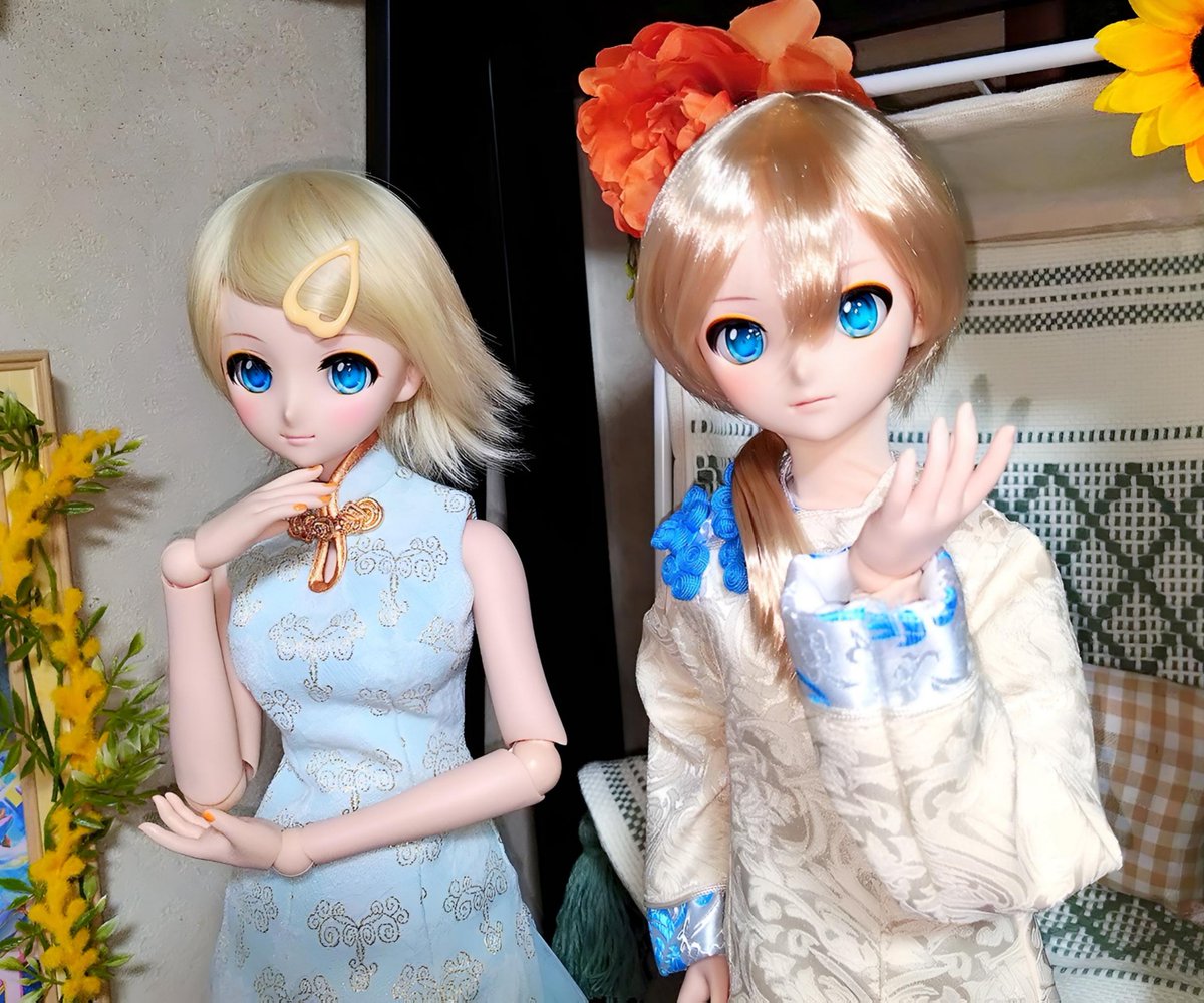 coolbottle1227's tweet photo. ドルパの戦利品のチャイナ服を2人に着せてみた❗
前からチャイナ服を着せたかったから満足😆
yurine様(@405701ama )のチャイナ服の袖もちょっと長いかな？くらいで長すぎくてちょうどいい😄
明日はお友達と撮影会する予定なので楽しみ✨

#THN_OF https://t.co/lUpU3FHL56