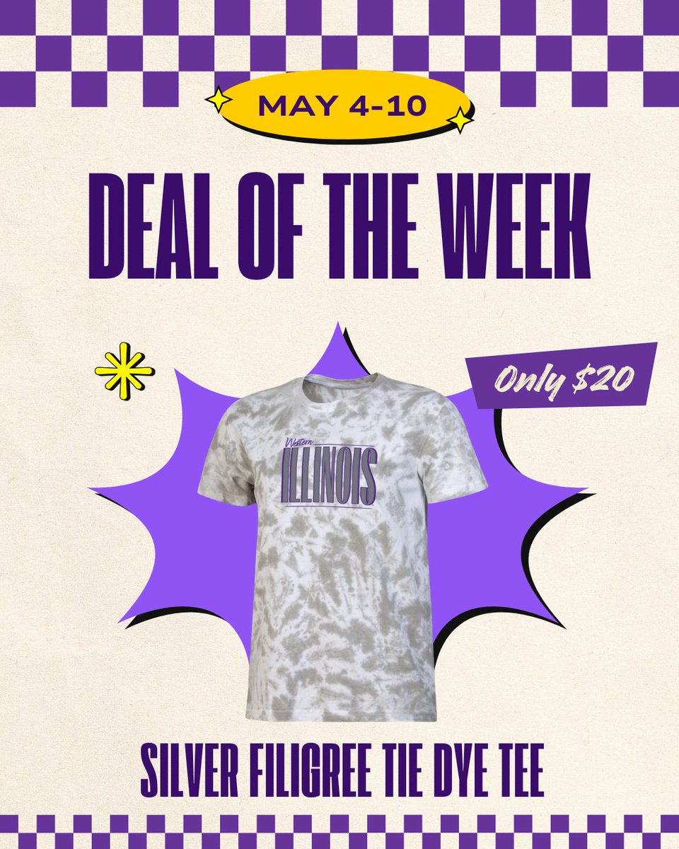 WIUBookstore's tweet photo. 🔥💵 Check out this great Deal of the Week! May 4-10, the Silver Filigree Tie Dye Tee is only $20. Shop this deal In store and online. 
https://t.co/kxHjWsCgDm
#wiu #wiubookstore #sale #dealoftheweek https://t.co/LJ4EqTpEim