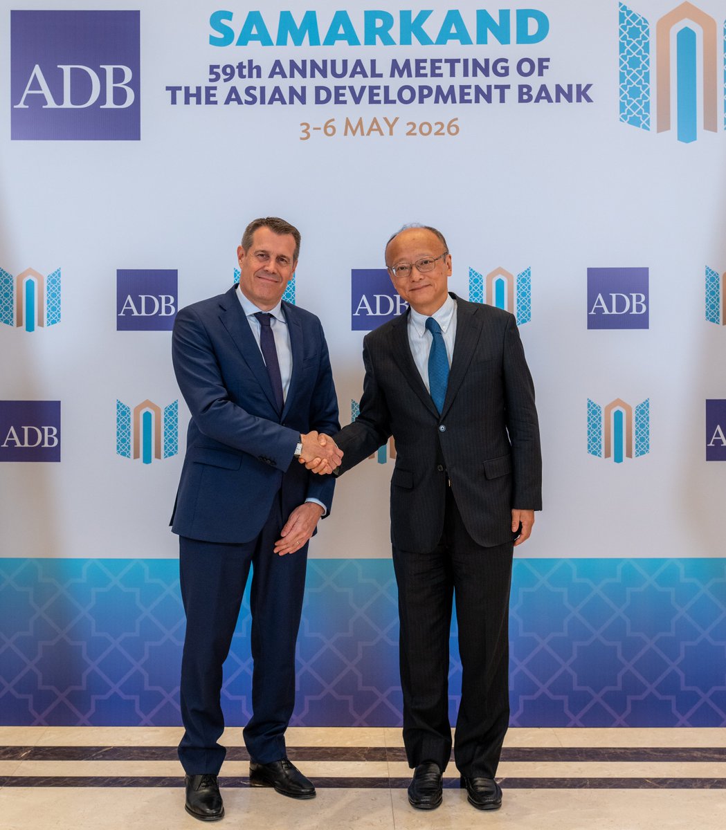 ADBPresident's tweet photo. With delegations converging in Samarkand for the #ADBAnnualMeeting, my engagements have been heavily focused on moving from dialogue to action.

I was pleased to meet ADB Governor for Switzerland Pietro Lazzeri of @SECO_CH; ADB Governor for Azerbaijan and Finance Minister Sahil Babayev; Michaël Boseret of @BelgiumMFA; Shanti Bobin of @DGTresor; Maya Elnathan of @Israel_MOF; Lawrence Bartolomucci of @MEF_GOV; José Carlos de Azevedo Pereira of @pt_financas; and Carla Díaz Álvarez de Toledo of @_minecogob.

With Switzerland, we explored how Swiss innovation, private sector expertise, and high-quality solutions can better connect with Asia and the Pacific’s development needs. With Azerbaijan, we focused on urban infrastructure, water, transport, and its strategic role in connectivity through the Trans-Caspian Green Energy Corridor. With partners from Belgium, France, Israel, Italy, Portugal, and Spain, we exchanged views on cofinancing, investment flows, and deeper strategic cooperation.

In a more complex world, results depend on execution. ADB will work with partners to deliver impact at scale.