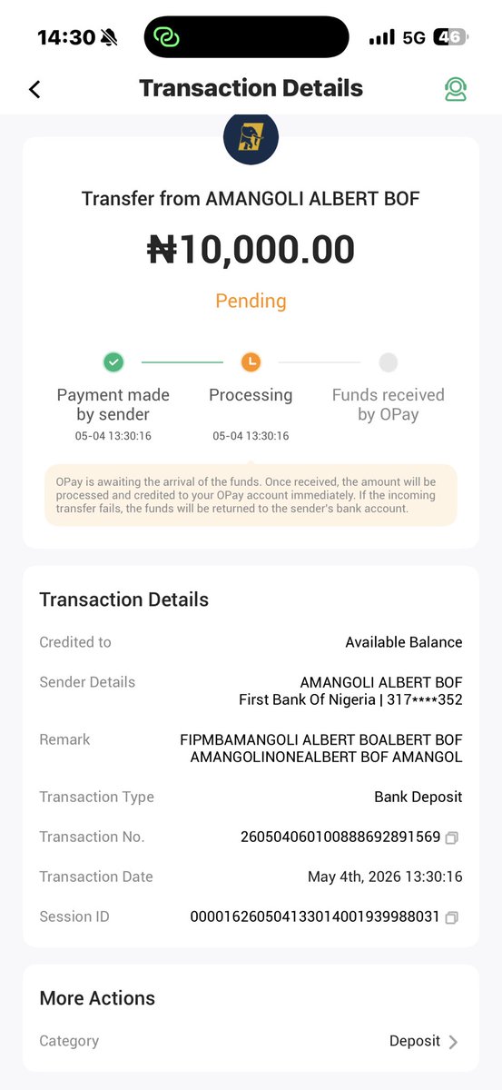 Bof007A's tweet photo. @OPay_NG pls this transaction is pending.. treat it thank you https://t.co/C4bLvPzRDY