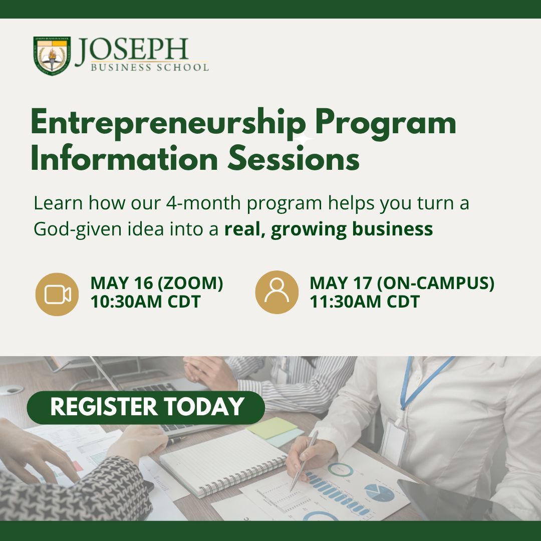 JBSedu's tweet image. Have a #business idea on your heart? Join our JBS Information Session May 16 (Zoom) or May 17 (on campus) to learn about our #faithbased #entrepreneurship program and take the next step: eventbrite.com/e/jbs-entrepre…