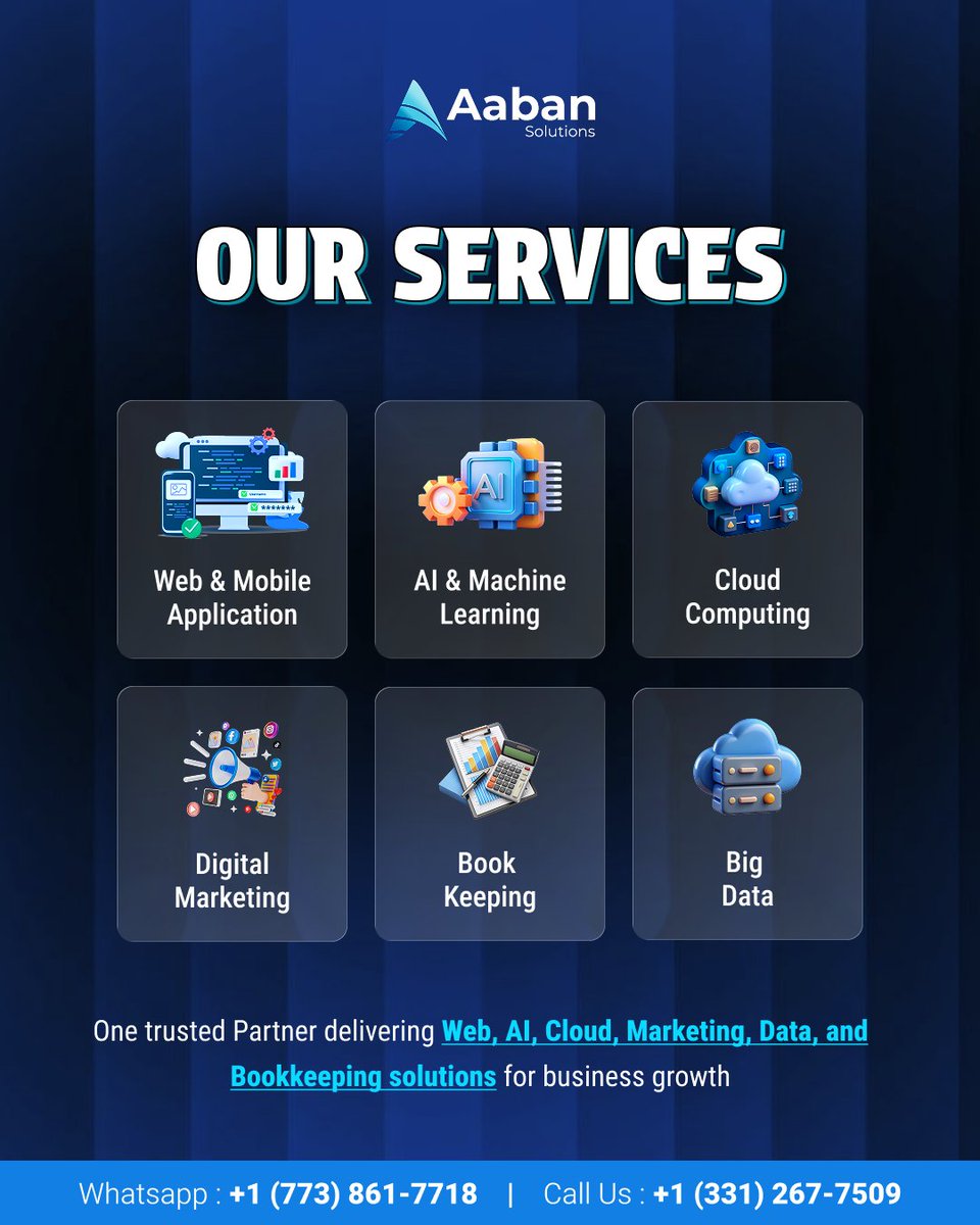 aaban_solutions's tweet image. Behind every successful brand
There a system that works perfectly.
Web, AI, Marketing, Data &amp;amp; Bookkeeping powered by Aaban Solution.
📞+1(773)861-7718 |1(331)267-7509
📩 info@aabansolutions.com
🔗 aabansolution.com
#AabanSolution #BrandGrowth #AIpowered #CloudServices #USA