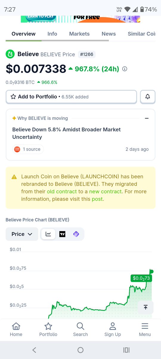 RamNaik1133286's tweet image. @CoinSwitch 
#Believe Coin Gained 900% showing in Coingecko However in your platform it's Shows only 0.00%

Find the Screenshot for reference 
Why is the Price almost 0 Hick in your Platform?