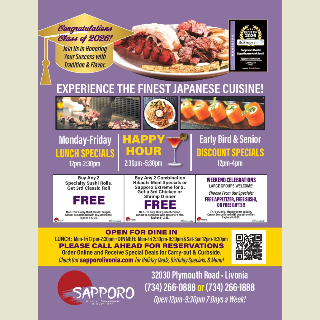 SapporoLivonia's tweet image. May is full of reasons to celebrate 🎉 From graduation festivities to Mother's Day, Nurses Week, and more, Sapporo has your plans covered with our May specials. 

Check out our latest deals: sapporolivonia.com/specials-and-o…

#Sapporo #MaySpecials