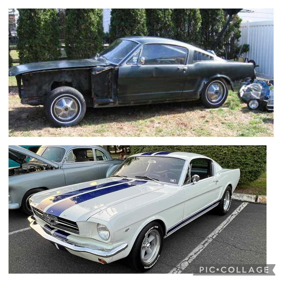 ClassicInd's tweet image. For #MustangMonday, Ken Denning Jr. sent us this before-and-after comparison of the '65 Mustang Fastback he restored with his dad. Well done, guys! #Ford #Mustang #classiccar #restoration #ClassicIndustries