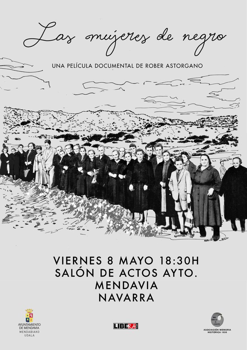 Rober_Astorgano's tweet photo. Este viernes 8 de mayo a las 18:30h proyectamos #LasMujeresDeNegro en #Mendavia, Navarra. Gracias al @AytoMendavia, que ha sido colaborador de la película, y gracias a la Asociación de Memoria Histórica 1936 de Mendavia.

#film #memoria #women #mujeres #cine #pelicula https://t.co/0h4KLfrmKb