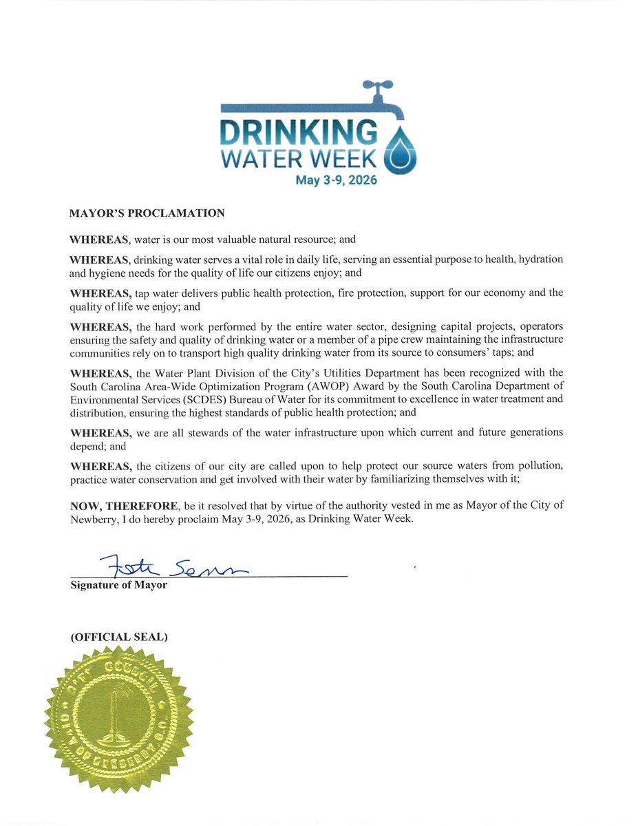 NbyUtilities's tweet photo. Thank you to Mayor @fostersenn and City Council for the proclamation declaring this week as Drinking Water Week in the City of Newberry! https://t.co/cX9xXYOy81