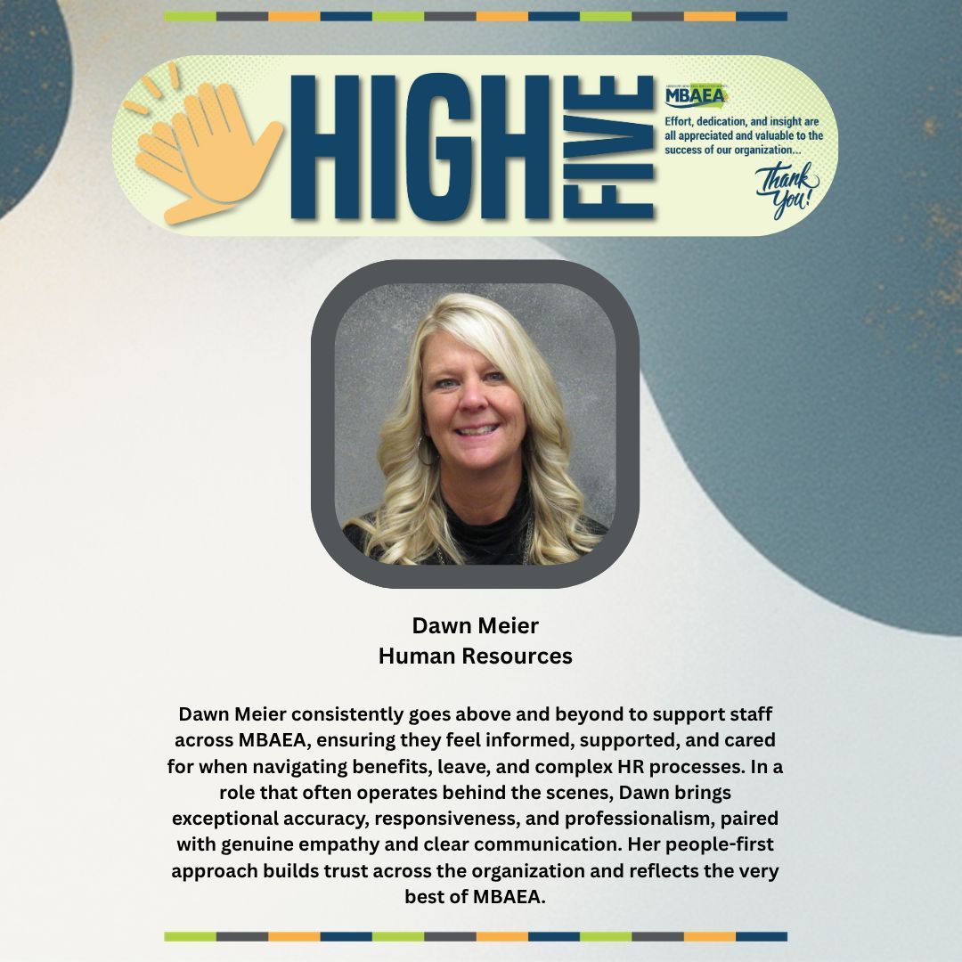 MBAEA's tweet photo. ✋ High Five Award: Dawn Meier!

Dawn supports staff across MBAEA with accuracy, responsiveness, and empathy, helping navigate complex processes while ensuring people feel informed and supported.

Congratulations, Dawn! https://t.co/GwHhu4Zrf9