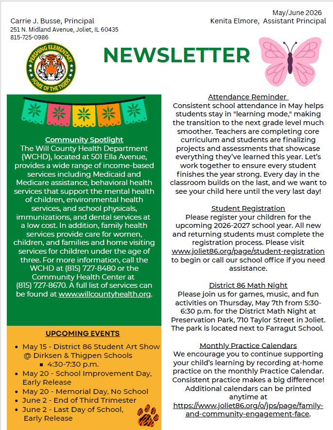 PershingD86's tweet photo. Check out our May June newsletter! 📰✨
Important updates, upcoming events, and great things happening at Pershing! #PershingTigersD86 https://t.co/4z8nbT1Zn4