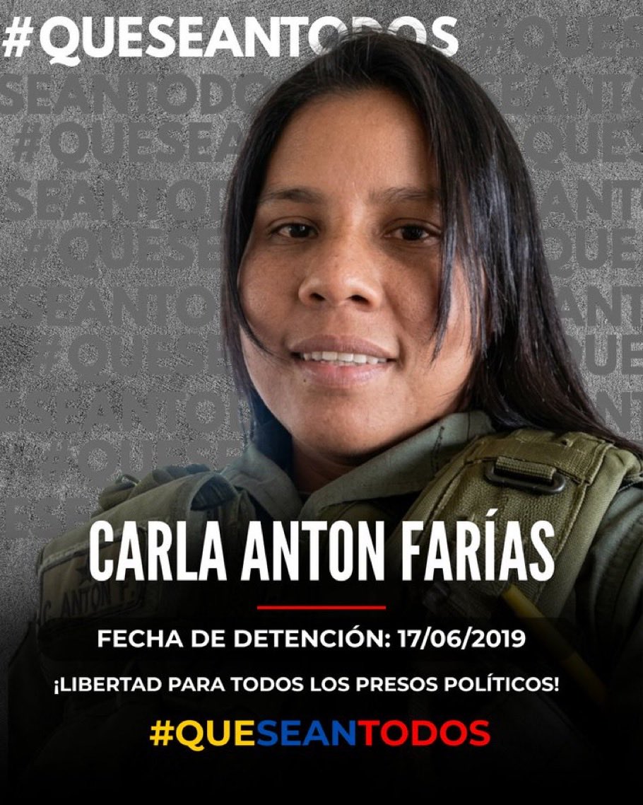 ManoDeDios17's tweet image. 👀 VISIBILIDAD ⬇️

Exigimos liberación inmediata para la TT Carla Yancelys Antón Farias, que está encarcelada INJUSTAMENTE en Ramo Verde desde el 17 de junio de 2019.

¡LIBERTAD Y JUSTICIA! 

#LiberenACarlaAnton 
#LiberenALosPresosPoliticos
#QueSeanTodos