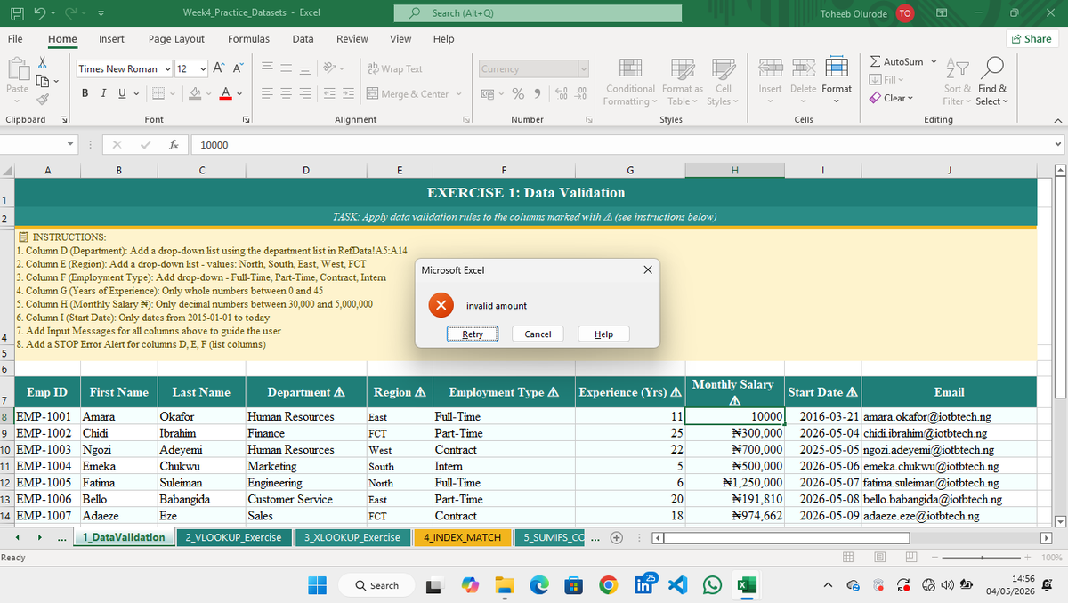 Olurodetoheeb1's tweet photo. Learned Data Validation today 💻

Now I can control inputs &amp; reduce errors in datasets 📊
 
Thank you @iotbtech, @Tektariq for giving the platform 
#DataAnalytics #BuildInPublic https://t.co/biy5jLgO0D