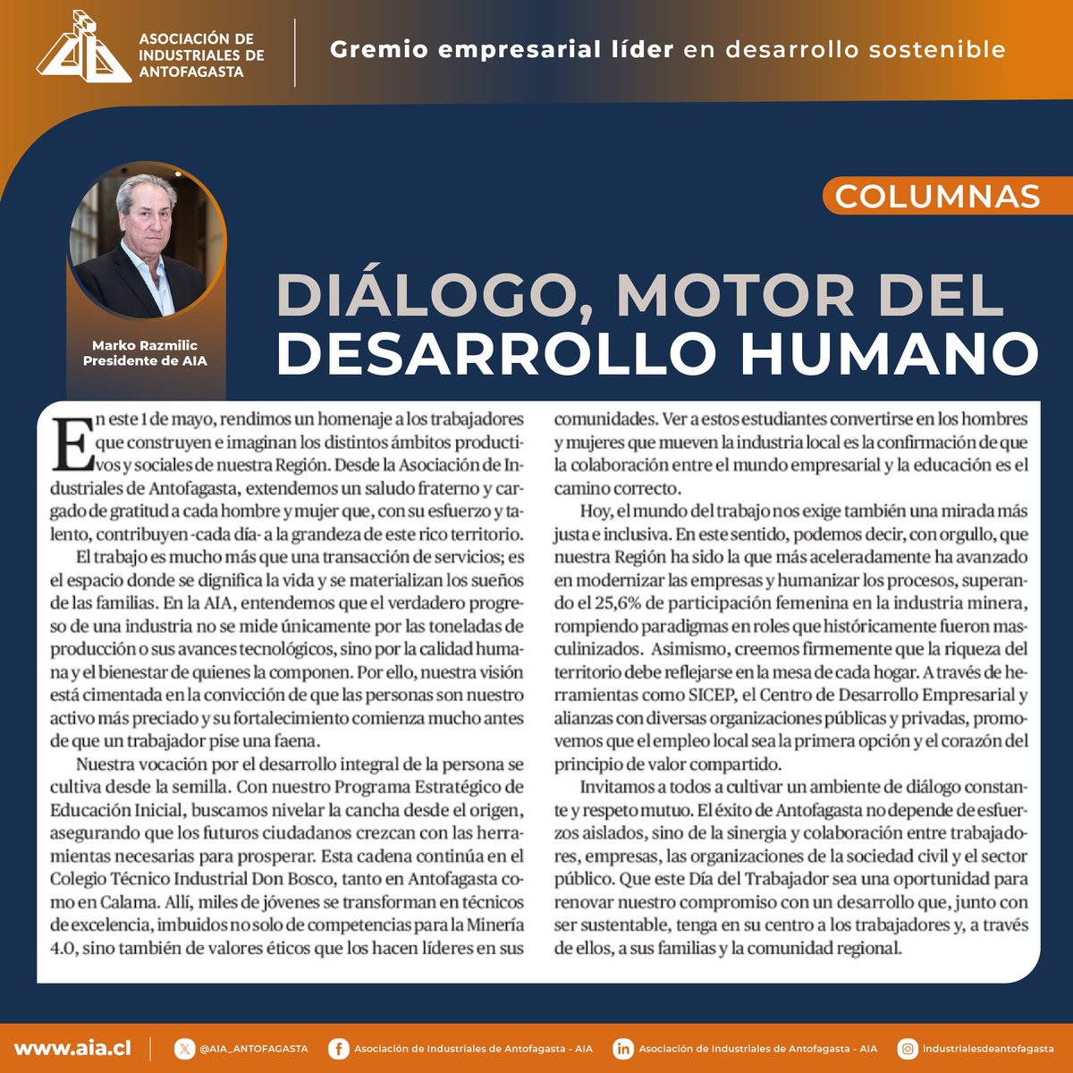 AIA_ANTOFAGASTA's tweet image. Opinión 👉🏻 Marko Razmilic, presidente de #AIA en El Mercurio de #Antofagasta: "Hoy, el mundo del trabajo nos exige también una mirada más justa e inclusiva. En este sentido, podemos decir con orgullo que nuestra región ha sido la que más aceleradamente ha avanzado en modernizar”.