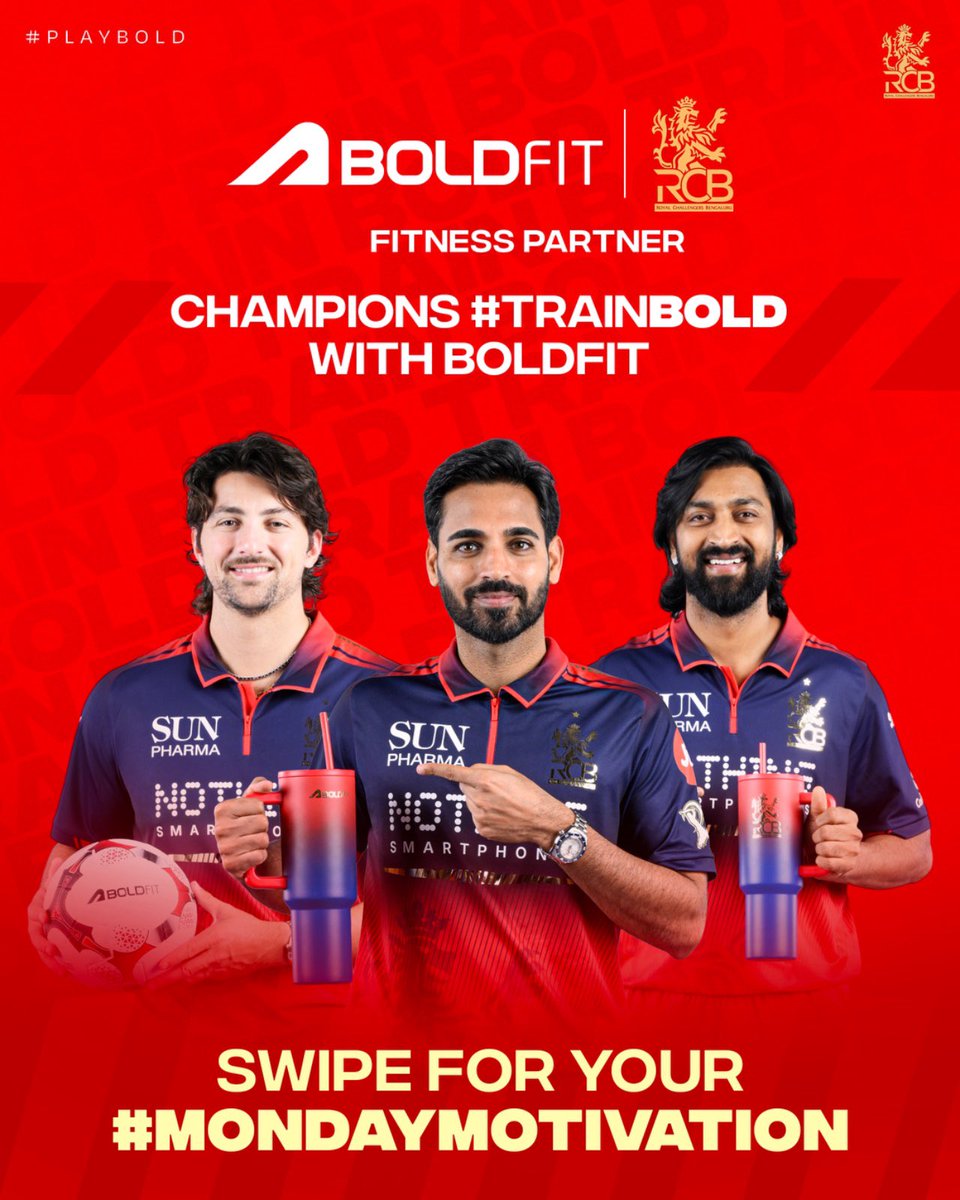 RCBTweets's tweet image. Monday Motivation brought to you by BoldFit 💪

Keeping it simple, keeping it clean. 🙌❤️

Simple things, done consistently, go a long way: so start working on yourself today. 🤩

Your shot at winning real RCB player-used gym gear is LIVE. ✅

#PlayBold #ನಮ್ಮRCB #IPL2026