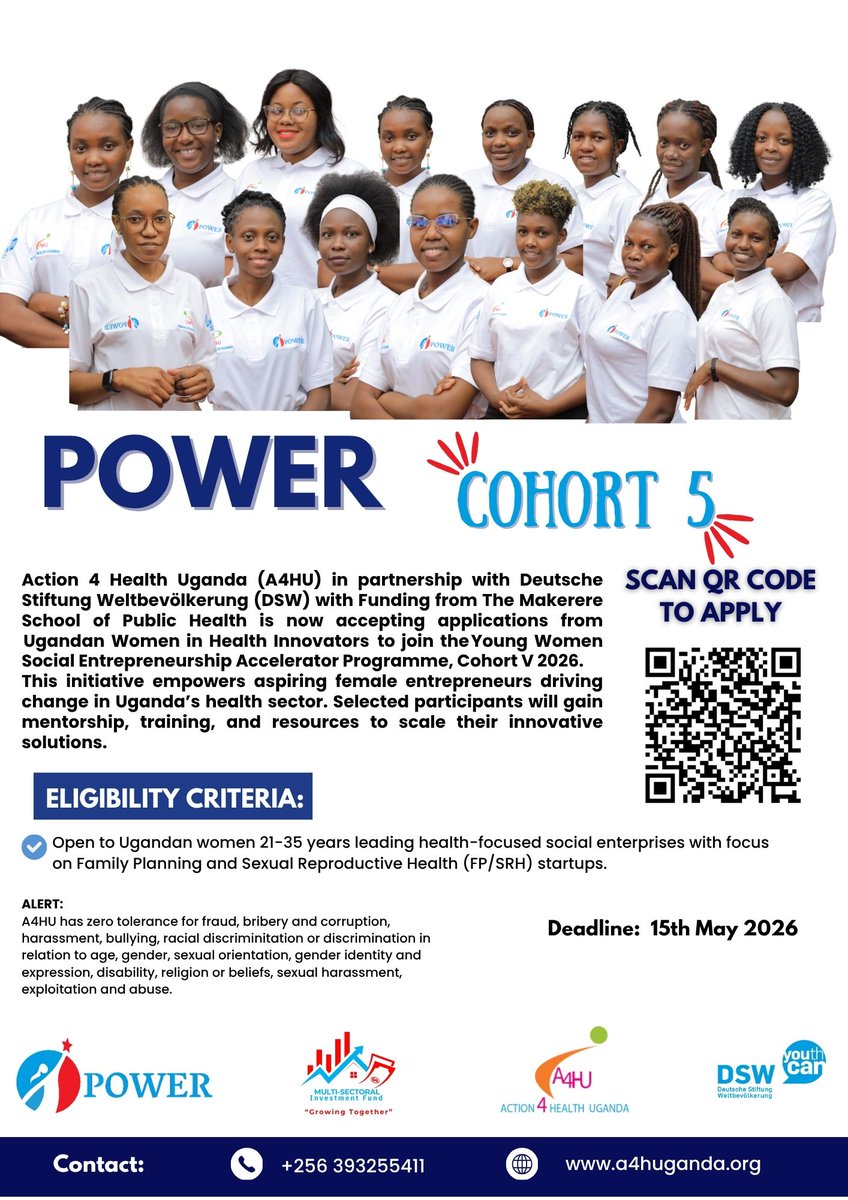 action4hU's tweet photo. POWER Cohort V is here! Apply now here for the business accelerator program; https://t.co/jNbTcTbYip OR scan the QR code on the poster.
Cohort 5 is in partnership with @dsw_intl and @MakSPH 
Deadline: 15th May 2026 https://t.co/IpaxNaMoTm
