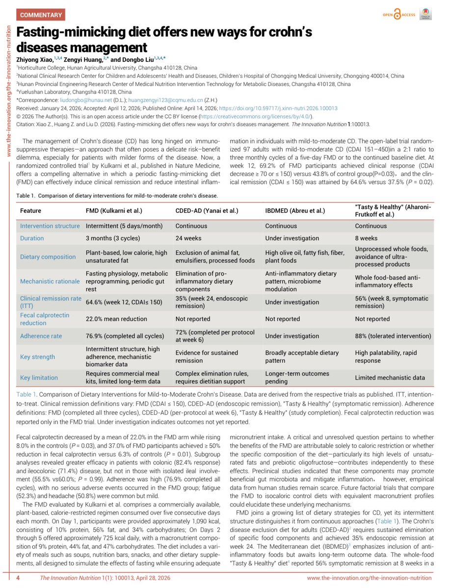 SciencNews's tweet image. Fasting-mimicking diet offers new ways for crohn’s diseases management

Open Access
the-innovation.org/article/doi/10…

@Bealoquebea #Diet #nutrition #meded #medx